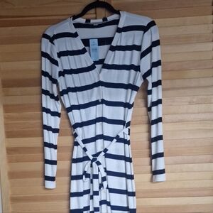LOFT Striped Long Sleeve Dress in White and Navy